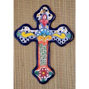 TalaMex Tecali Handmade 7 Inches Multicolor Mexican Talavera Ceramic Cross